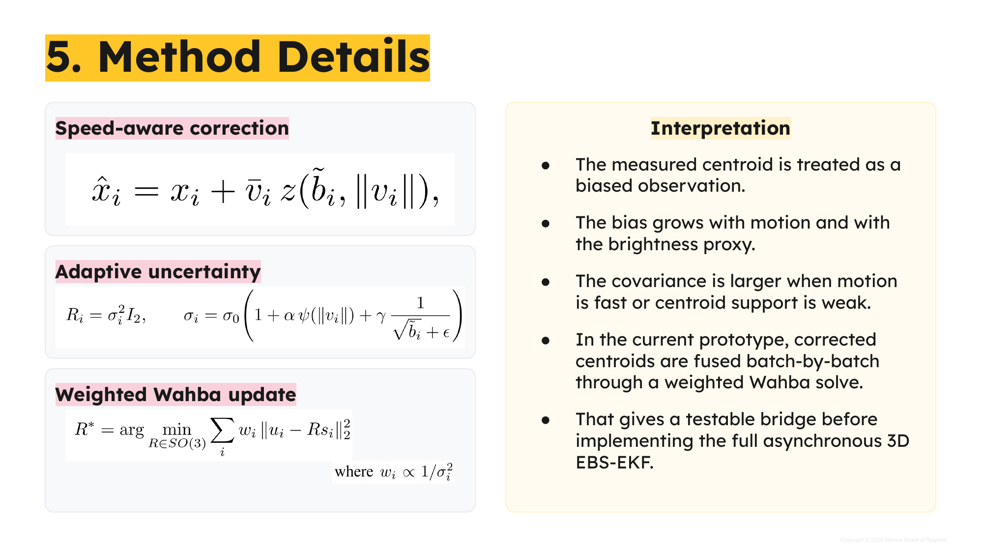 Speed-aware correction equations, adaptive uncertainty, and weighted Wahba update